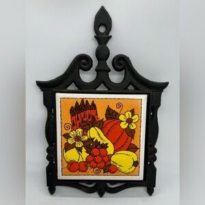 Vintage MCM Cast Iron Assorted Vegetables Ceramic Tile Trivet